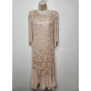 Vintage Women's Pure Silk Hand Beaded Dusty Pink Midi Dress, Sz P(Small) 80s 90s